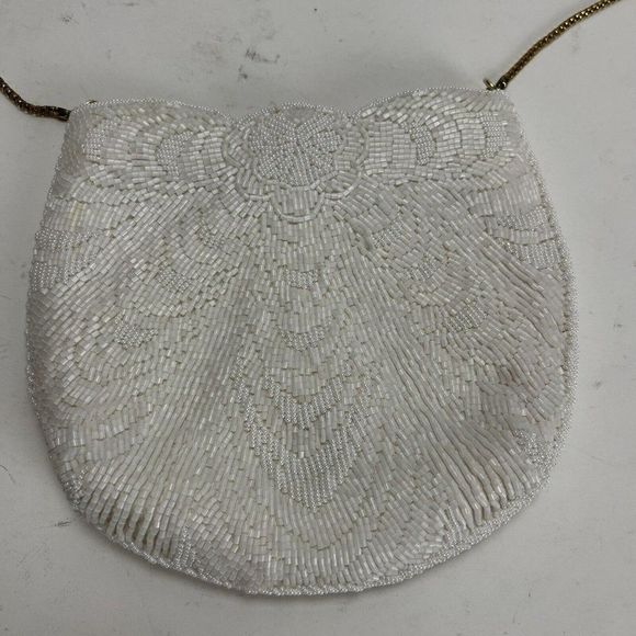 Vintage White Beaded Purse Bag Snap Closer Gold Shoulder Chain Evening Purse - Picture 1 of 9